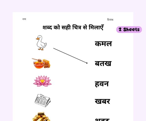 शब्द को सही चित्र से मिलाएँ 3 शब्द Worksheet